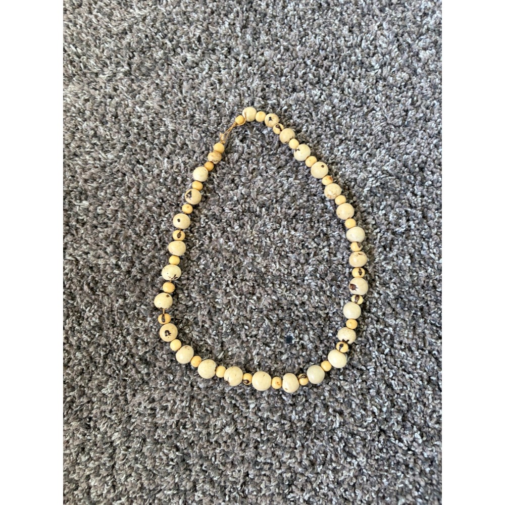Vintage Natural Carved Bone Bead Necklace Cream Boho Rustic Handcrafted 22 Inch